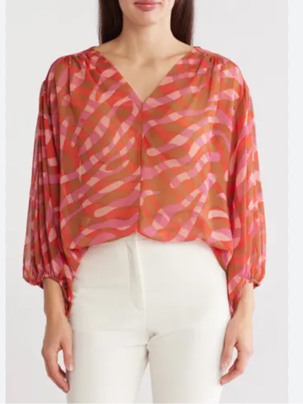 Renee C. Long Sleeve Semisheer Top pink orange brown sz S